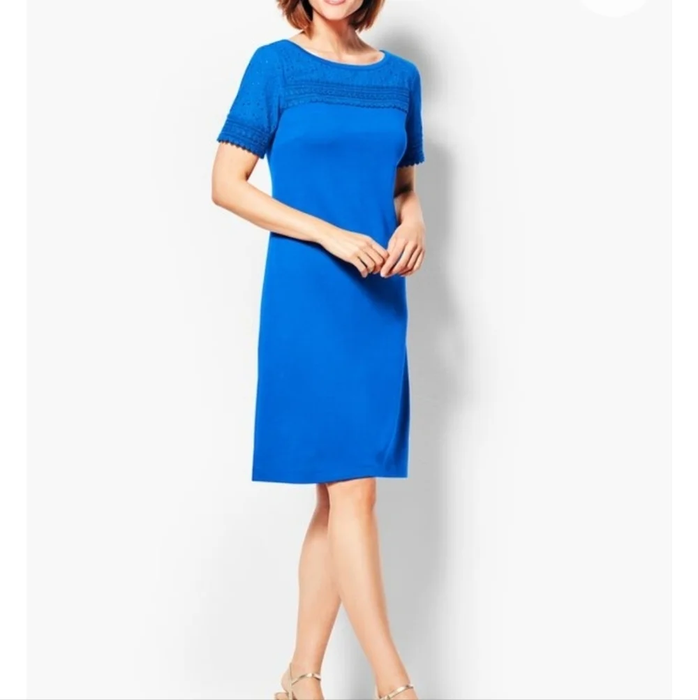Talbot’s Short Sleeve Lace Trim Interlock Cotton Shift Dress Blue Size Petite M